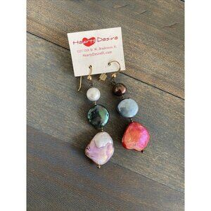 Hand Made Gemstone & Sea Stone Enamel Dangle Art Jewelry Earrings (D6)